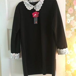 Black Peter Pan lace collar mini dress stretch NWT